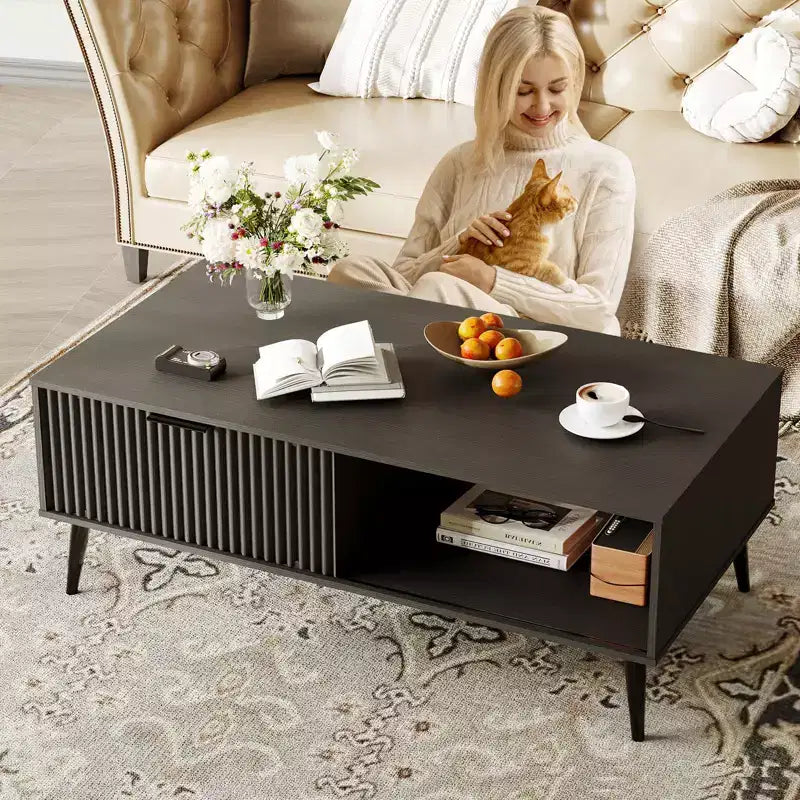 Farmhouse Center TableFluted Sliding Door & Wooden Tabletop for Home Apartment Office