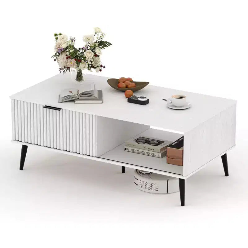 Farmhouse Center TableFluted Sliding Door & Wooden Tabletop for Home Apartment Office