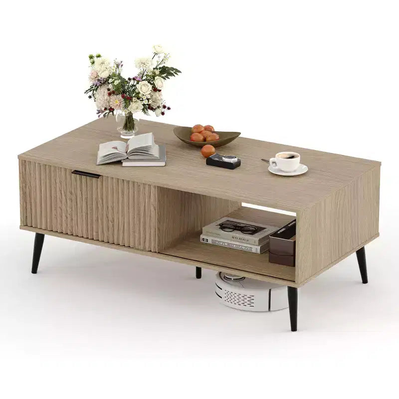 Farmhouse Center TableFluted Sliding Door & Wooden Tabletop for Home Apartment Office