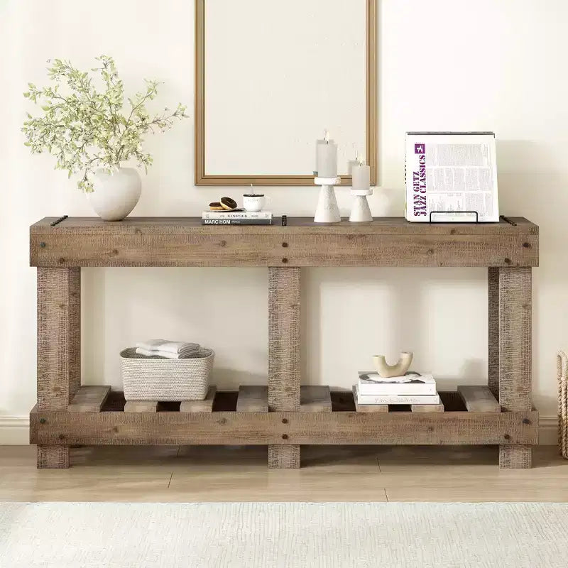 Farmhouse Console Table with Storage Fir Solid Wood Hallway Table Vintage Entryway Table with Shelf and Reinforced Legs