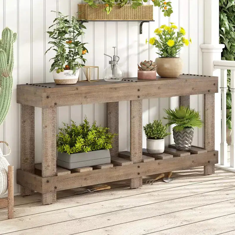 Farmhouse Console Table with Storage Fir Solid Wood Hallway Table Vintage Entryway Table with Shelf and Reinforced Legs