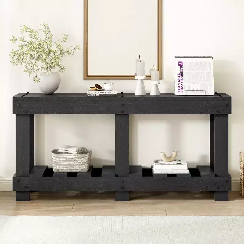 Farmhouse Console Table with Storage Fir Solid Wood Hallway Table Vintage Entryway Table with Shelf and Reinforced Legs