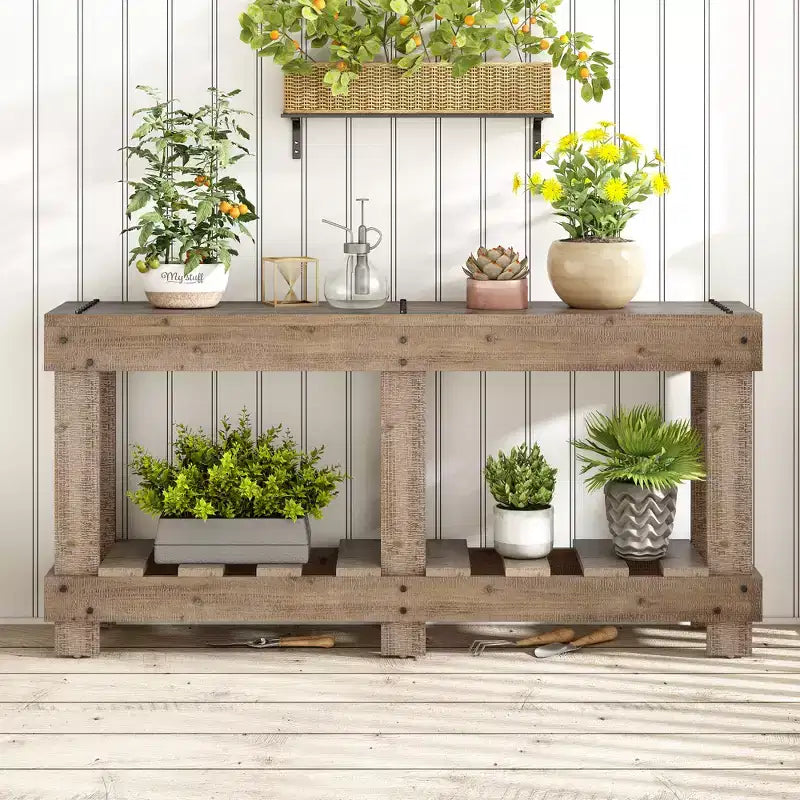 Farmhouse Console Table with Storage Fir Solid Wood Hallway Table Vintage Entryway Table with Shelf and Reinforced Legs