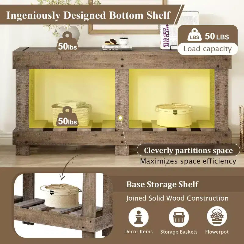 Farmhouse Console Table with Storage Fir Solid Wood Hallway Table Vintage Entryway Table with Shelf and Reinforced Legs