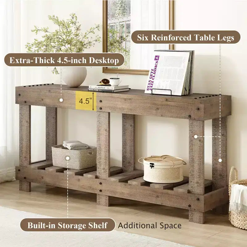 Farmhouse Console Table with Storage Fir Solid Wood Hallway Table Vintage Entryway Table with Shelf and Reinforced Legs