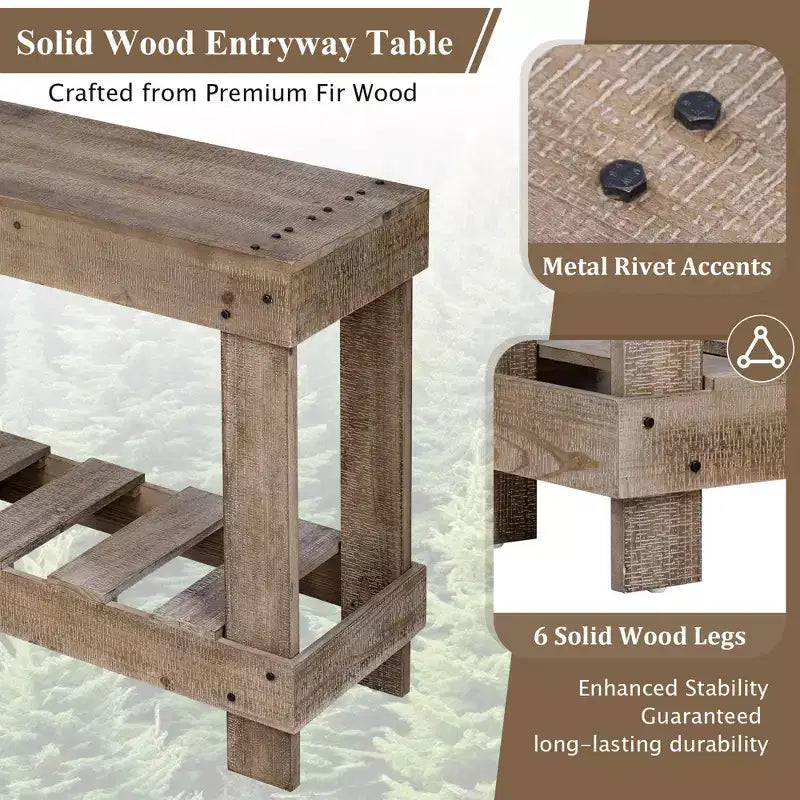 Farmhouse Console Table with Storage Fir Solid Wood Hallway Table Vintage Entryway Table with Shelf and Reinforced Legs