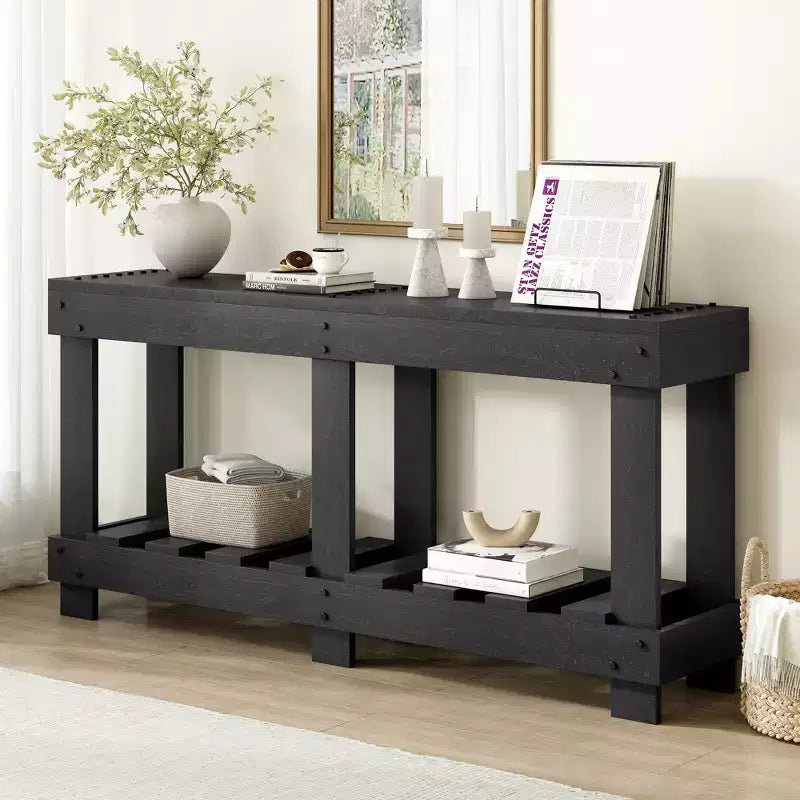 Farmhouse Console Table with Storage Fir Solid Wood Hallway Table Vintage Entryway Table with Shelf and Reinforced Legs