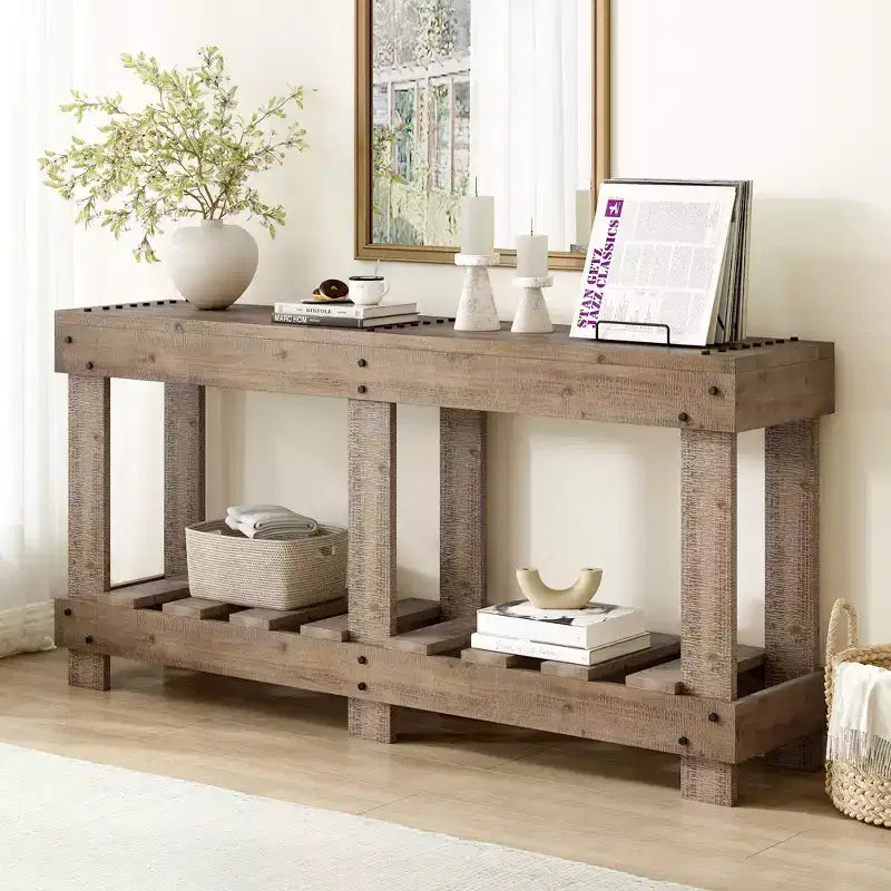 Farmhouse Console Table with Storage Fir Solid Wood Hallway Table Vintage Entryway Table with Shelf and Reinforced Legs