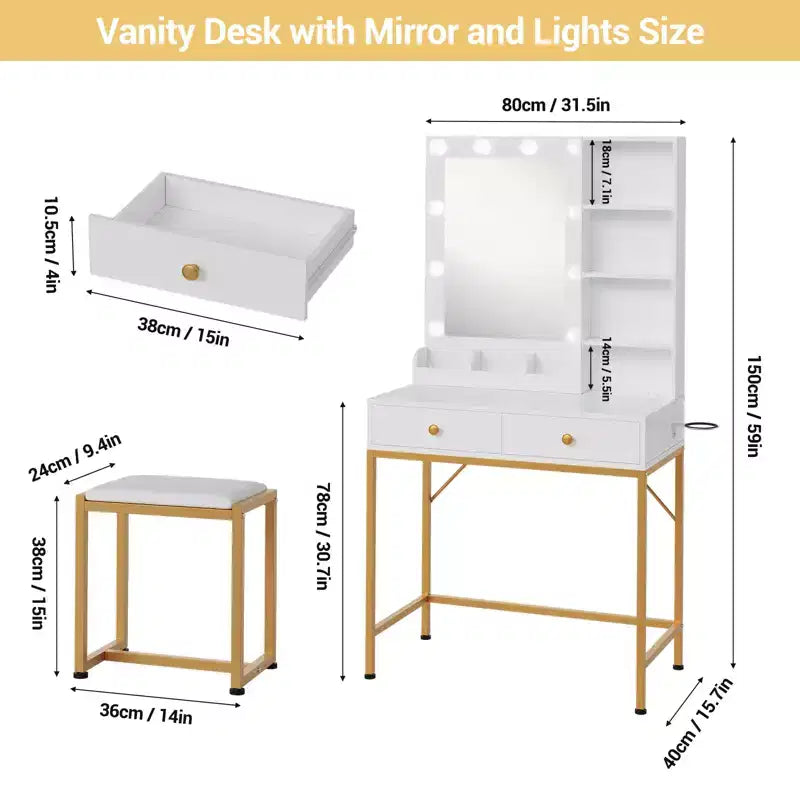1 set of iron-inlaid vanity with 2 drawers + adjustable 3-color brightness bulb hairdryer holder suitable for bedrooms and living rooms