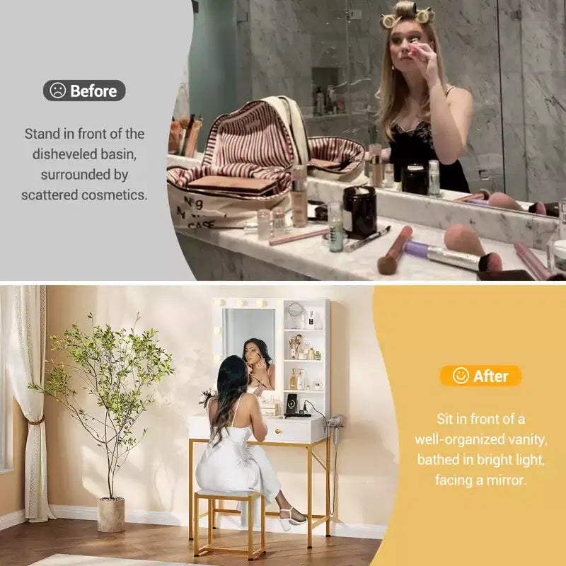 1 set of iron-inlaid vanity with 2 drawers + adjustable 3-color brightness bulb hairdryer holder suitable for bedrooms and living rooms