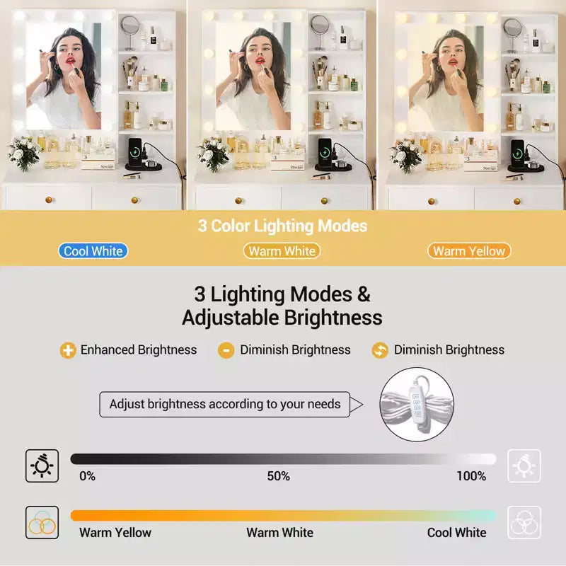 1 set of iron-inlaid vanity with 2 drawers + adjustable 3-color brightness bulb hairdryer holder suitable for bedrooms and living rooms