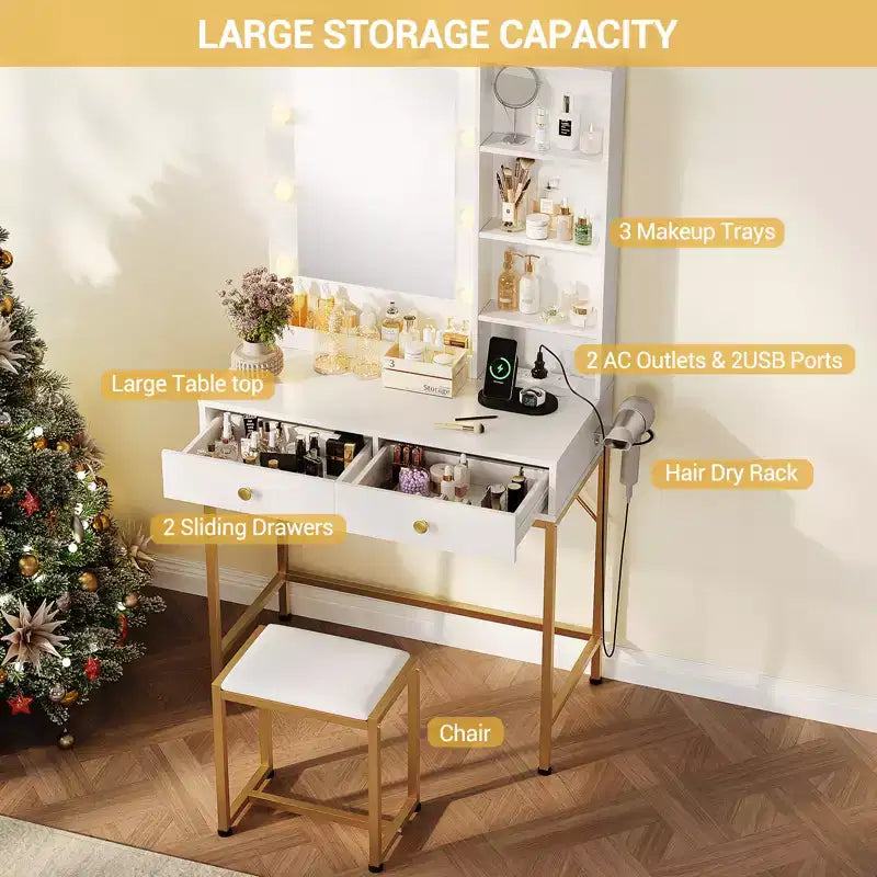 1 set of iron-inlaid vanity with 2 drawers + adjustable 3-color brightness bulb hairdryer holder suitable for bedrooms and living rooms