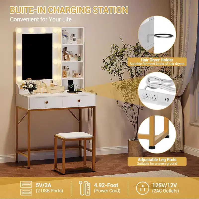 1 set of iron-inlaid vanity with 2 drawers + adjustable 3-color brightness bulb hairdryer holder suitable for bedrooms and living rooms