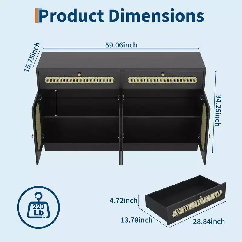 60'' Rattan Sideboard Buffet Cabinet with 2 Drawers & 4 Rattan Doors and Adjustable Shelves & Storage for Dining Room Living Room Entryway