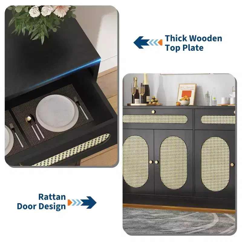 60'' Rattan Sideboard Buffet Cabinet with 2 Drawers & 4 Rattan Doors and Adjustable Shelves & Storage for Dining Room Living Room Entryway