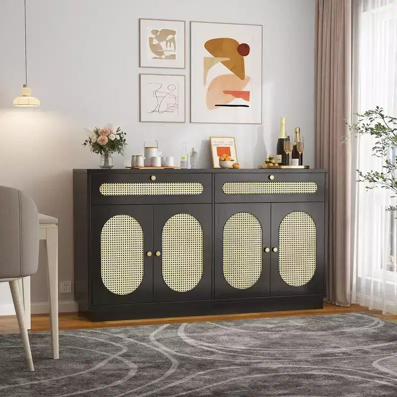60'' Rattan Sideboard Buffet Cabinet with 2 Drawers & 4 Rattan Doors and Adjustable Shelves & Storage for Dining Room Living Room Entryway