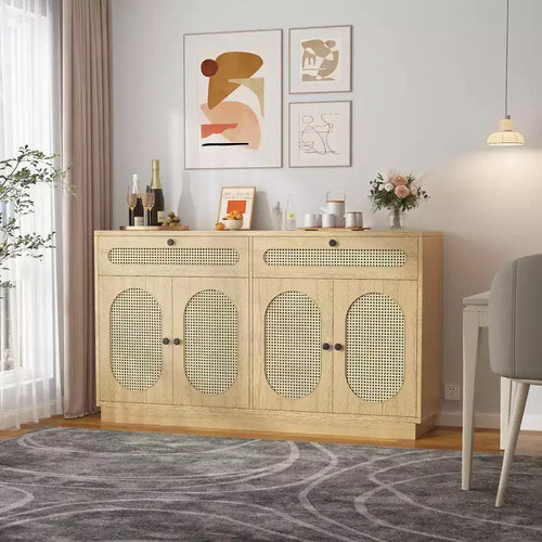 60'' Rattan Sideboard Buffet Cabinet with 2 Drawers & 4 Rattan Doors and Adjustable Shelves & Storage for Dining Room Living Room Entryway