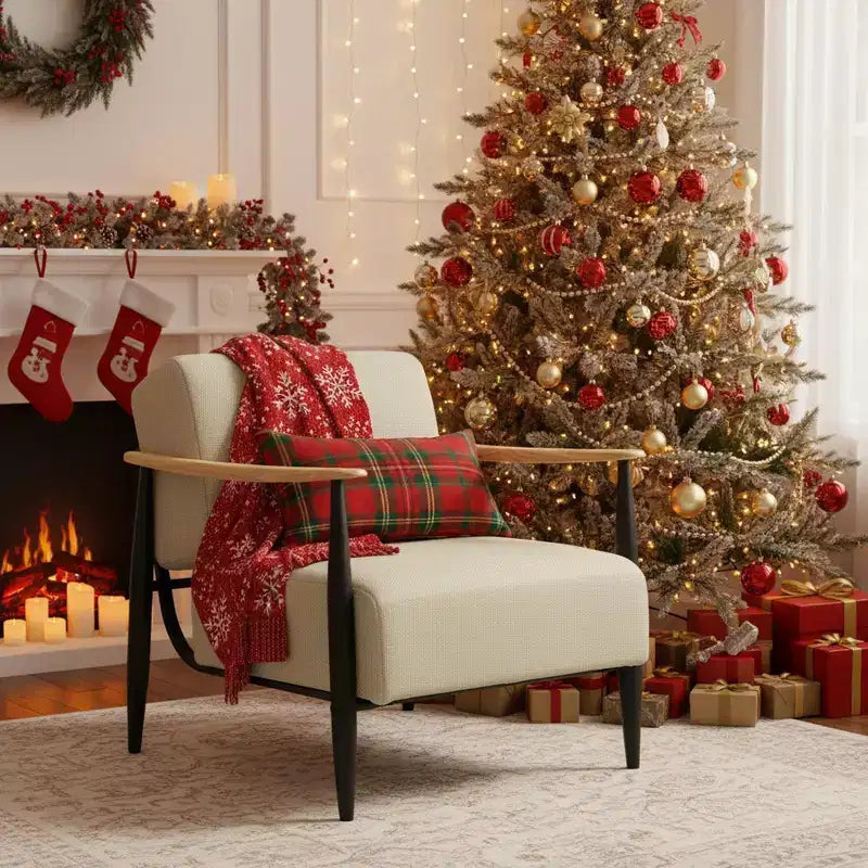 FurnitureR Mid-Century Modern Accent Chair Beige Upholstered Armchair with Solid Oak Frame Comfy Reading Chair for Living Room Bedroom Office