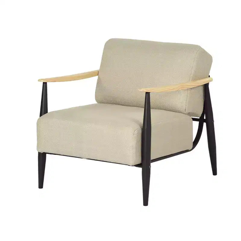 FurnitureR Mid-Century Modern Accent Chair Beige Upholstered Armchair with Solid Oak Frame Comfy Reading Chair for Living Room Bedroom Office