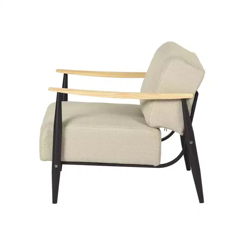 FurnitureR Mid-Century Modern Accent Chair Beige Upholstered Armchair with Solid Oak Frame Comfy Reading Chair for Living Room Bedroom Office