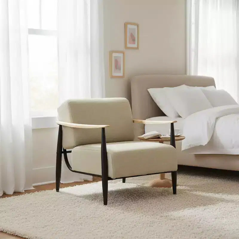 FurnitureR Mid-Century Modern Accent Chair Beige Upholstered Armchair with Solid Oak Frame Comfy Reading Chair for Living Room Bedroom Office