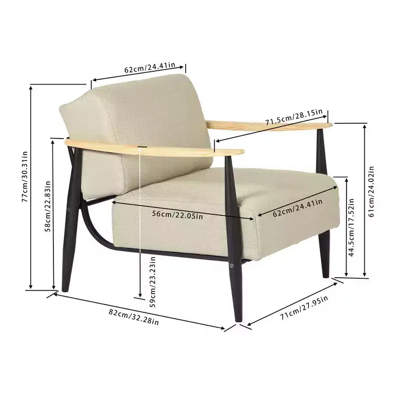 FurnitureR Mid-Century Modern Accent Chair Beige Upholstered Armchair with Solid Oak Frame Comfy Reading Chair for Living Room Bedroom Office