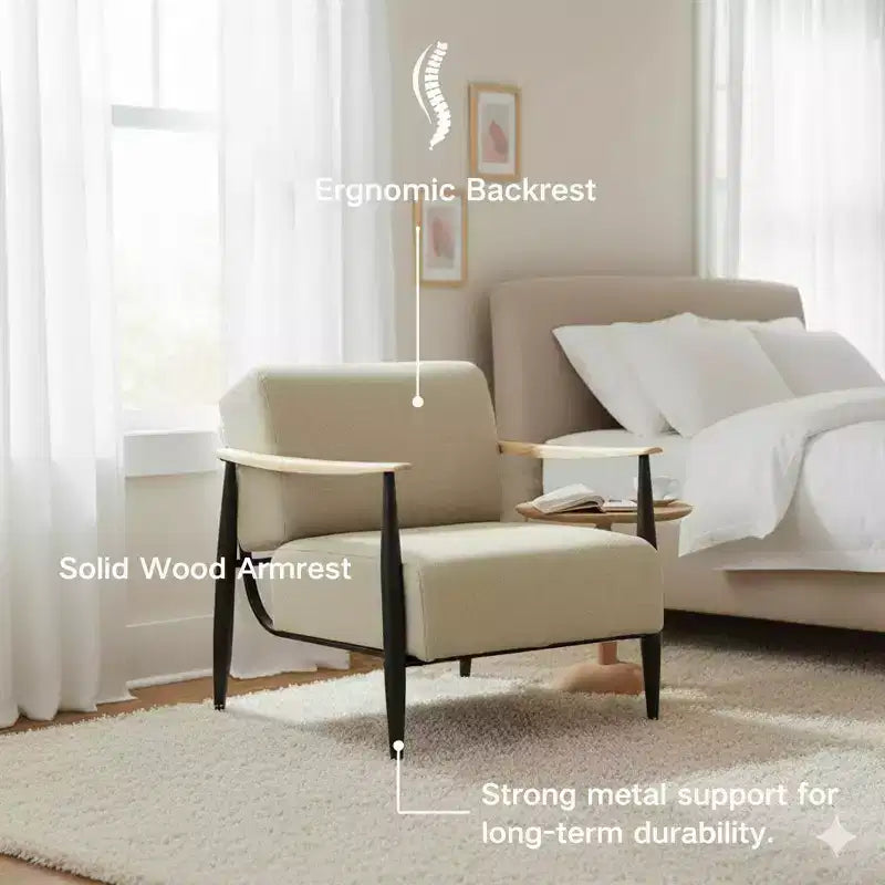 FurnitureR Mid-Century Modern Accent Chair Beige Upholstered Armchair with Solid Oak Frame Comfy Reading Chair for Living Room Bedroom Office