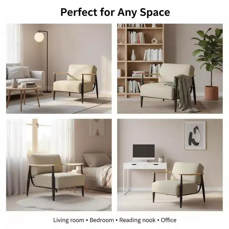 FurnitureR Mid-Century Modern Accent Chair Beige Upholstered Armchair with Solid Oak Frame Comfy Reading Chair for Living Room Bedroom Office