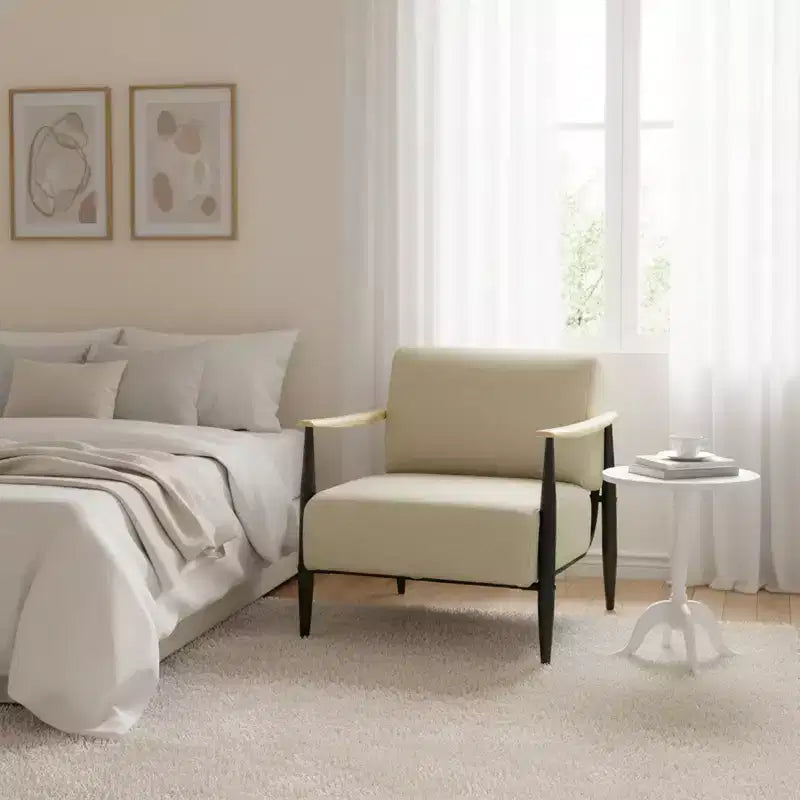 FurnitureR Mid-Century Modern Accent Chair Beige Upholstered Armchair with Solid Oak Frame Comfy Reading Chair for Living Room Bedroom Office