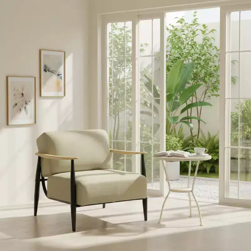 FurnitureR Mid-Century Modern Accent Chair Beige Upholstered Armchair with Solid Oak Frame Comfy Reading Chair for Living Room Bedroom Office