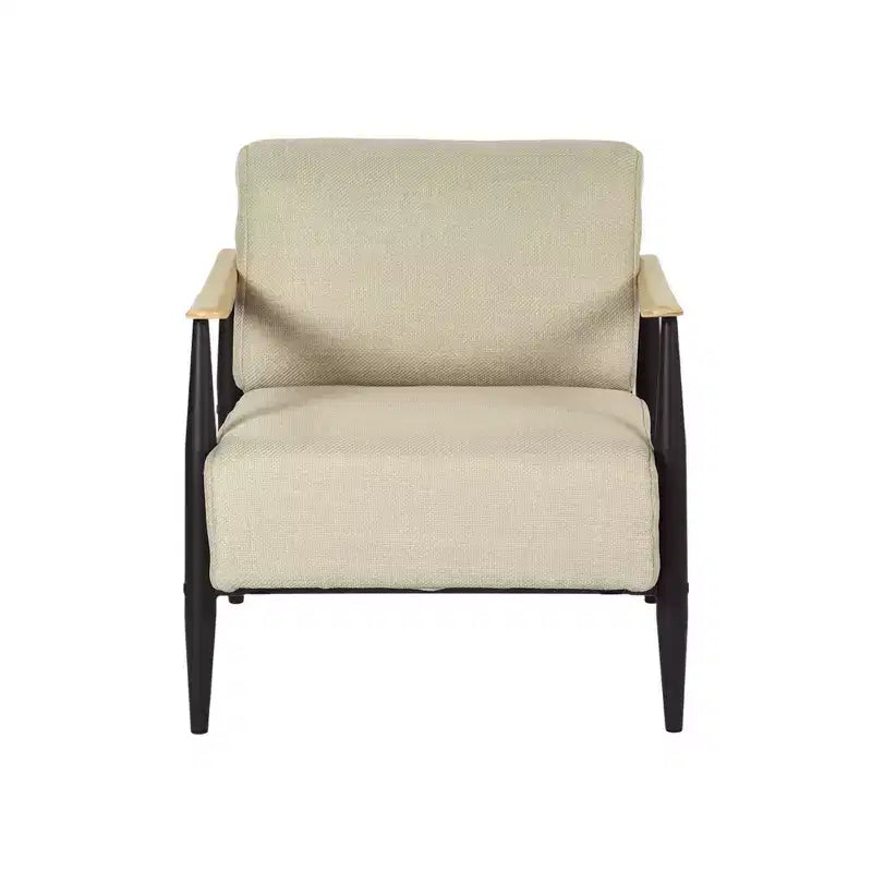 FurnitureR Mid-Century Modern Accent Chair Beige Upholstered Armchair with Solid Oak Frame Comfy Reading Chair for Living Room Bedroom Office