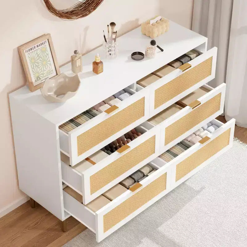 Acekool Rattan 6 Drawer Dresser Modern Chest with Gold Legs & Handles Wide Double Dresser Anti-Tip for Bedroom & Living Room
