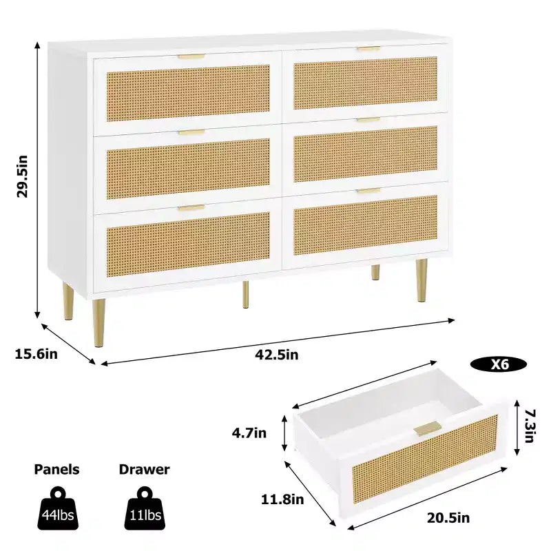 Acekool Rattan 6 Drawer Dresser Modern Chest with Gold Legs & Handles Wide Double Dresser Anti-Tip for Bedroom & Living Room