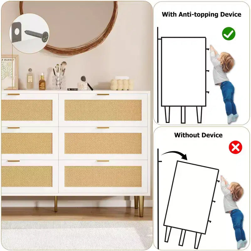Acekool Rattan 6 Drawer Dresser Modern Chest with Gold Legs & Handles Wide Double Dresser Anti-Tip for Bedroom & Living Room