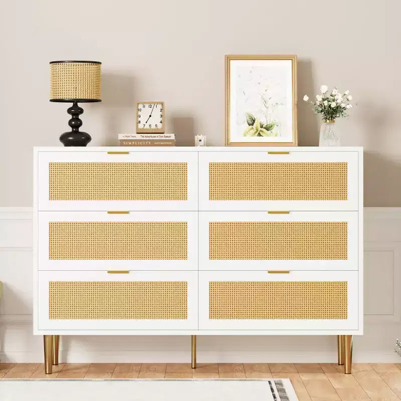 Acekool Rattan 6 Drawer Dresser Modern Chest with Gold Legs & Handles Wide Double Dresser Anti-Tip for Bedroom & Living Room