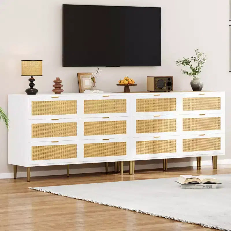 Acekool Rattan 6 Drawer Dresser Modern Chest with Gold Legs & Handles Wide Double Dresser Anti-Tip for Bedroom & Living Room