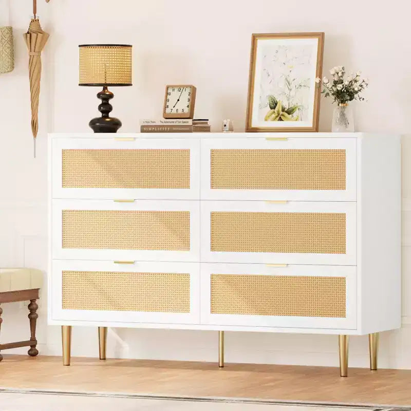 Acekool Rattan 6 Drawer Dresser Modern Chest with Gold Legs & Handles Wide Double Dresser Anti-Tip for Bedroom & Living Room