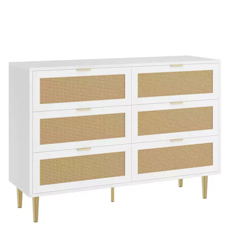 Acekool Rattan 6 Drawer Dresser Modern Chest with Gold Legs & Handles Wide Double Dresser Anti-Tip for Bedroom & Living Room