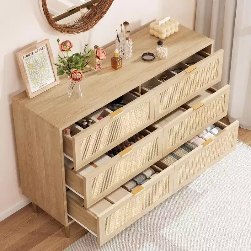 Acekool Rattan 6 Drawer Dresser Modern Chest with Gold Legs & Handles Wide Double Dresser Anti-Tip for Bedroom & Living Room
