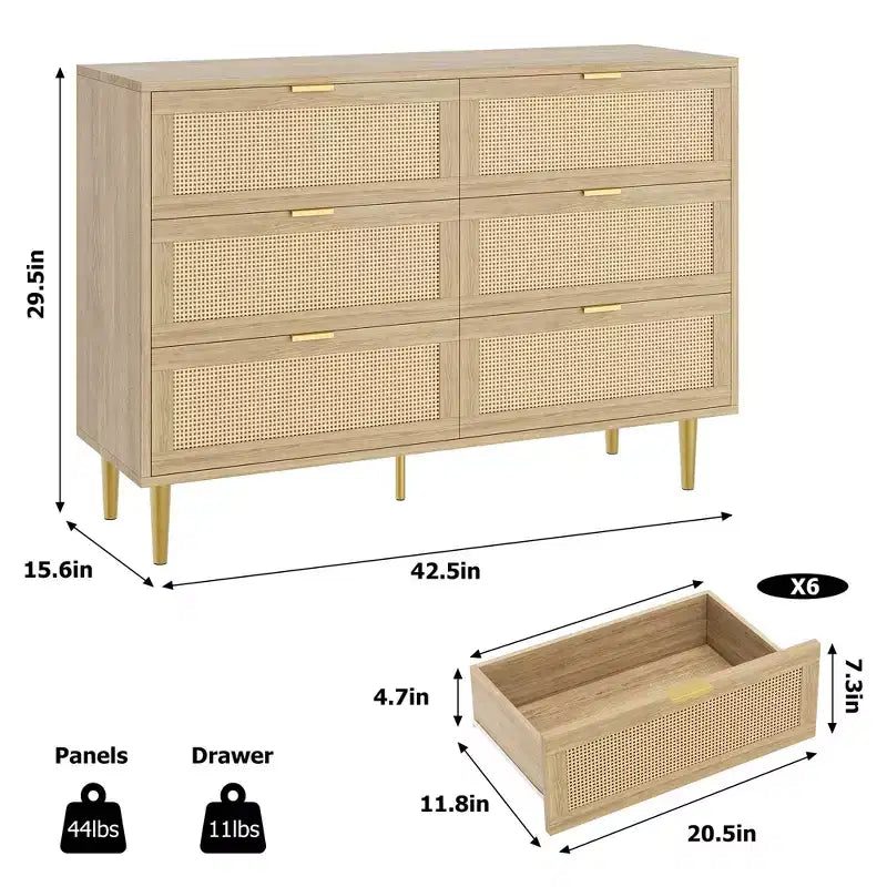 Acekool Rattan 6 Drawer Dresser Modern Chest with Gold Legs & Handles Wide Double Dresser Anti-Tip for Bedroom & Living Room