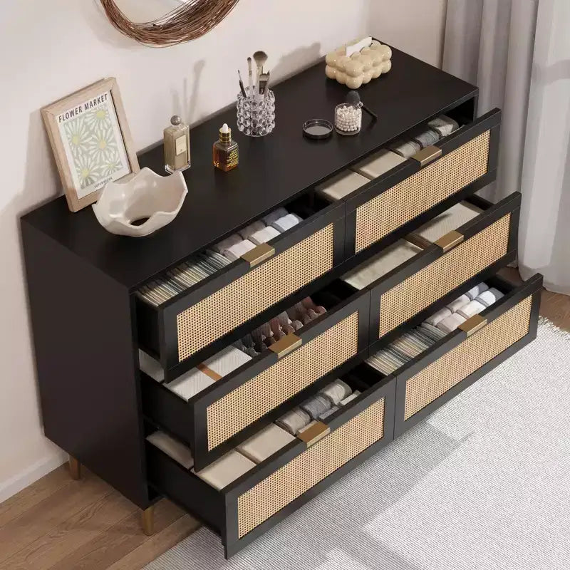 Acekool Rattan 6 Drawer Dresser Modern Chest with Gold Legs & Handles Wide Double Dresser Anti-Tip for Bedroom & Living Room