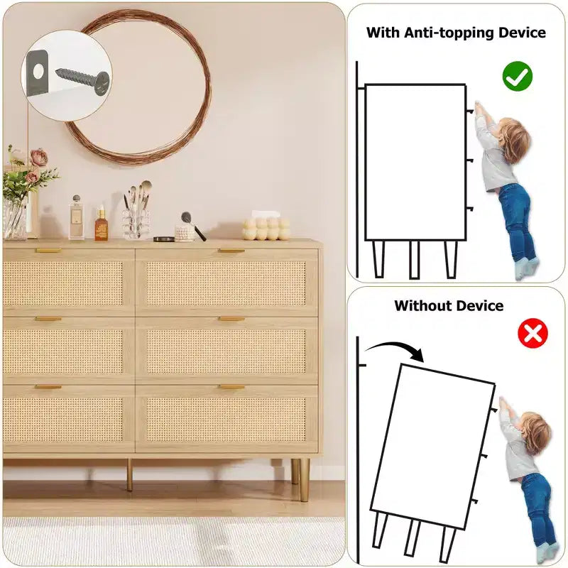 Acekool Rattan 6 Drawer Dresser Modern Chest with Gold Legs & Handles Wide Double Dresser Anti-Tip for Bedroom & Living Room