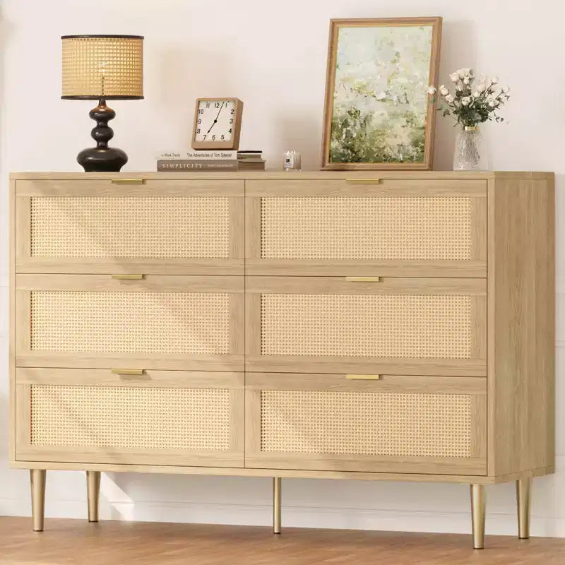 Acekool Rattan 6 Drawer Dresser Modern Chest with Gold Legs & Handles Wide Double Dresser Anti-Tip for Bedroom & Living Room