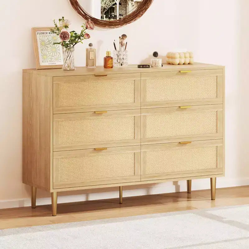 Acekool Rattan 6 Drawer Dresser Modern Chest with Gold Legs & Handles Wide Double Dresser Anti-Tip for Bedroom & Living Room