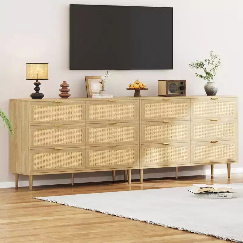 Acekool Rattan 6 Drawer Dresser Modern Chest with Gold Legs & Handles Wide Double Dresser Anti-Tip for Bedroom & Living Room