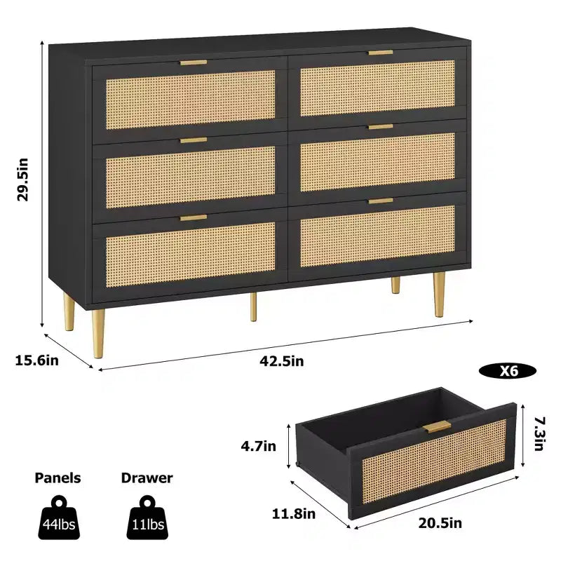 Acekool Rattan 6 Drawer Dresser Modern Chest with Gold Legs & Handles Wide Double Dresser Anti-Tip for Bedroom & Living Room
