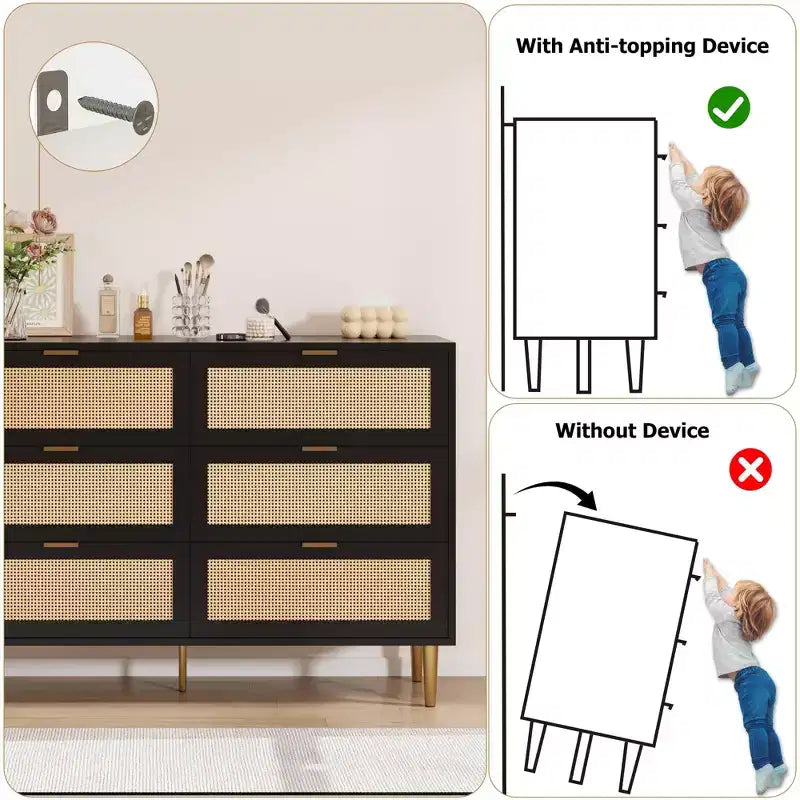 Acekool Rattan 6 Drawer Dresser Modern Chest with Gold Legs & Handles Wide Double Dresser Anti-Tip for Bedroom & Living Room
