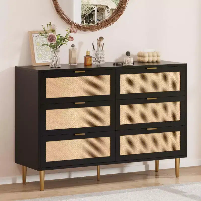 Acekool Rattan 6 Drawer Dresser Modern Chest with Gold Legs & Handles Wide Double Dresser Anti-Tip for Bedroom & Living Room