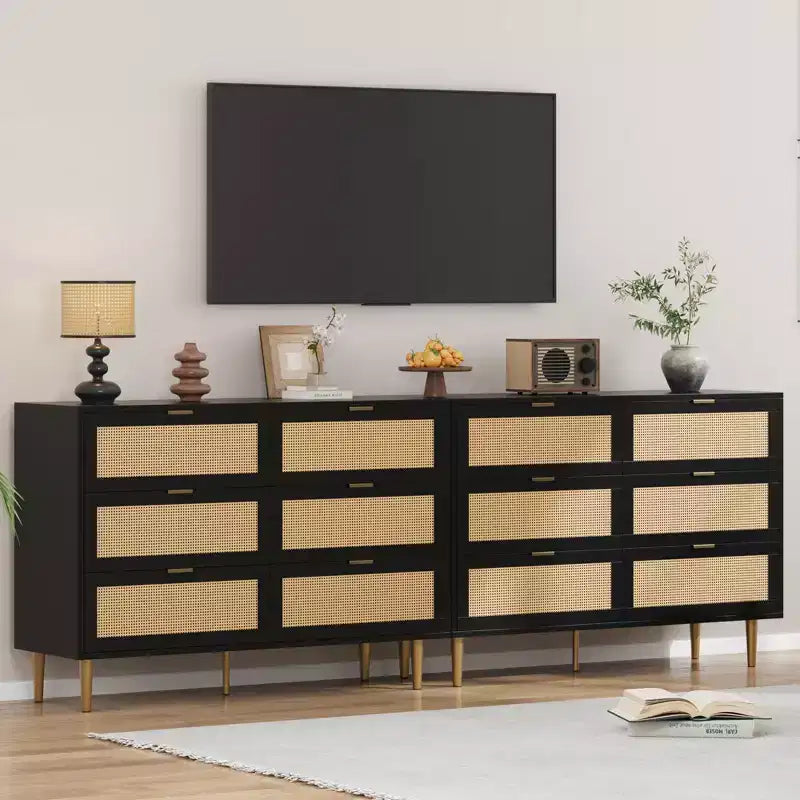 Acekool Rattan 6 Drawer Dresser Modern Chest with Gold Legs & Handles Wide Double Dresser Anti-Tip for Bedroom & Living Room
