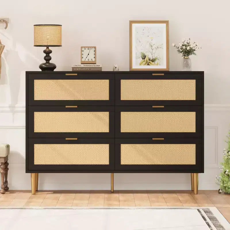 Acekool Rattan 6 Drawer Dresser Modern Chest with Gold Legs & Handles Wide Double Dresser Anti-Tip for Bedroom & Living Room